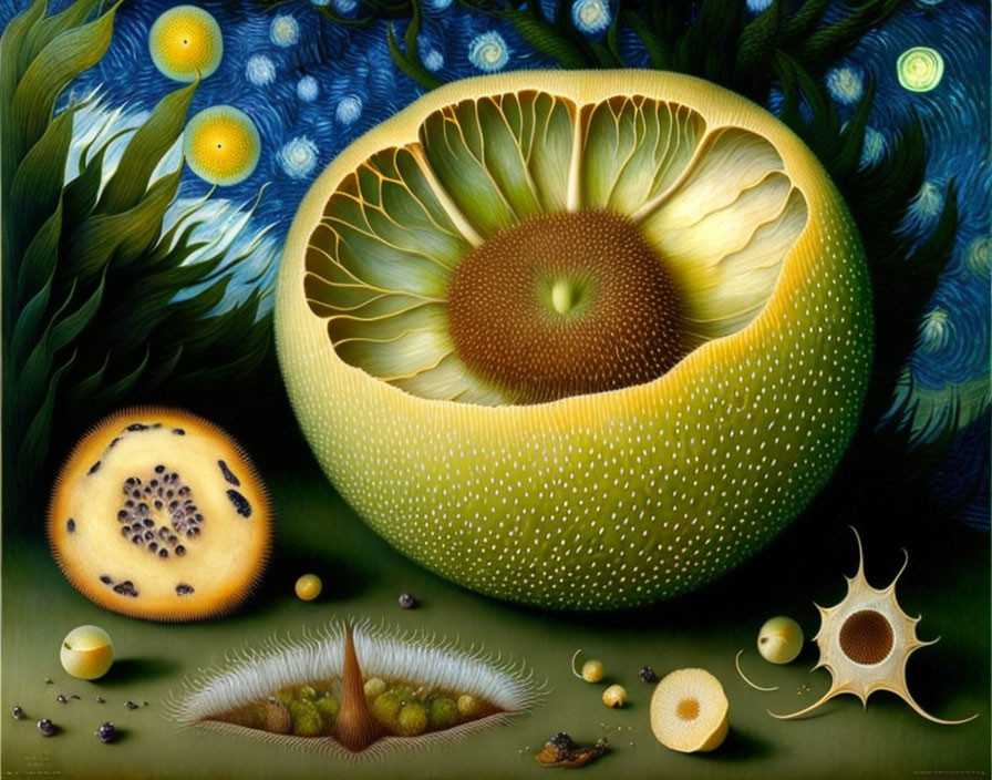 Vibrant surrealistic painting of fruit-like objects with eyes in fantastical setting