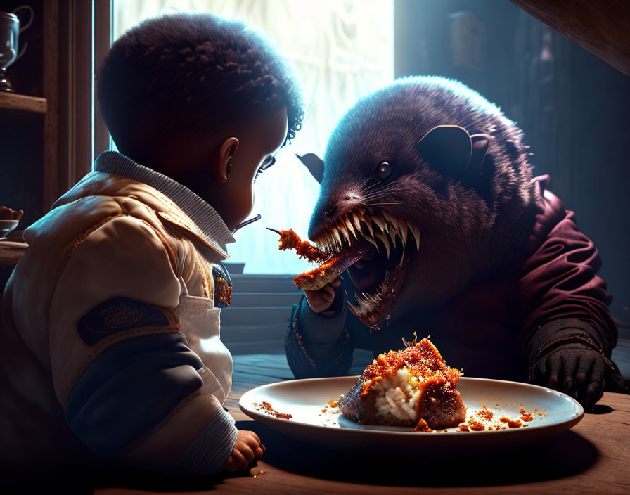 Child and giant otter-like creature dining together in warm light