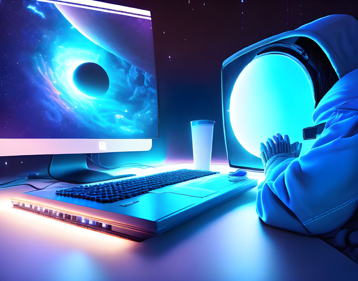 Hooded person at modern computer with cosmic wallpaper and blue lighting