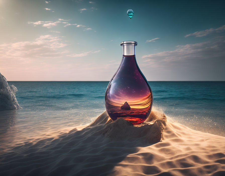 Whimsical sunset flask with boat silhouette and hot air balloon on beach