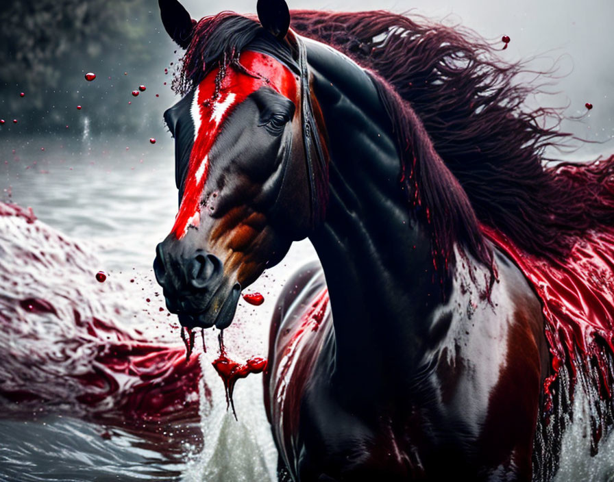 Black Horse with Red Paint Splatter Emerging from Water