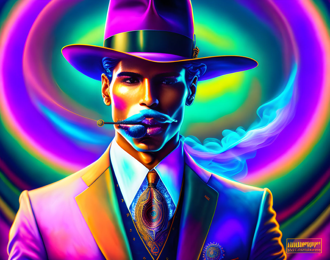 Colorful digital artwork of a stylish man smoking against psychedelic backdrop