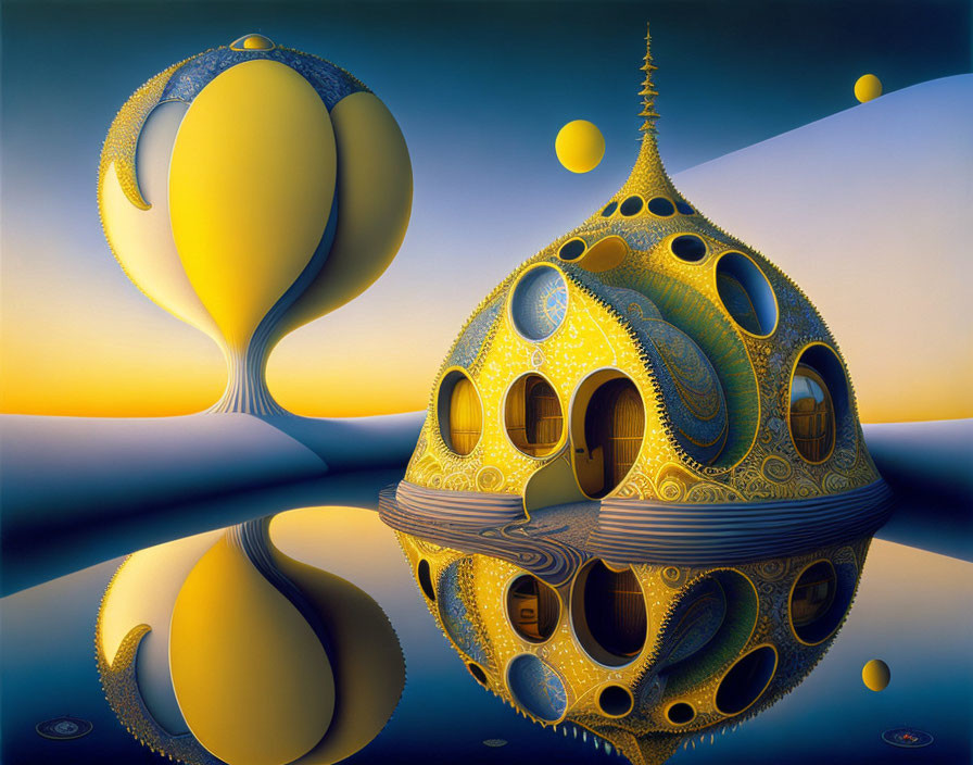 Surreal landscape with reflective surface and golden dome structure under twilight sky