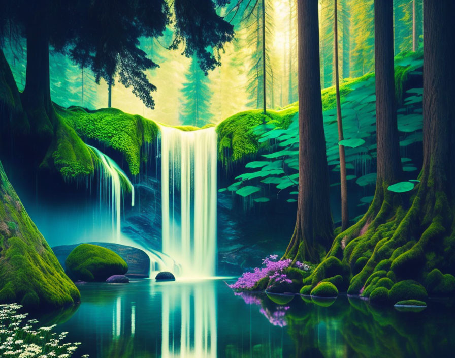 Tranquil Forest Waterfall with Green Moss and Sunlight