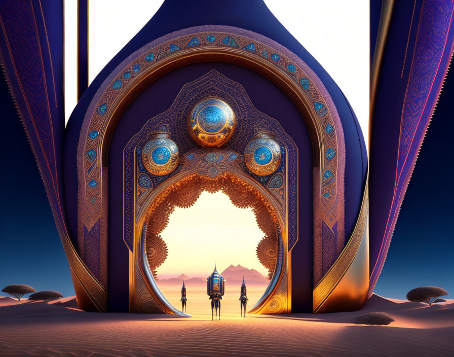 Ornate futuristic gateway in desert landscape at sunset