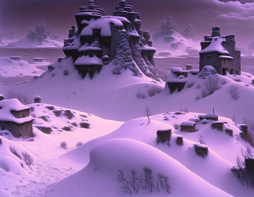 Snow-covered houses in serene winter landscape with purple-tinted sky