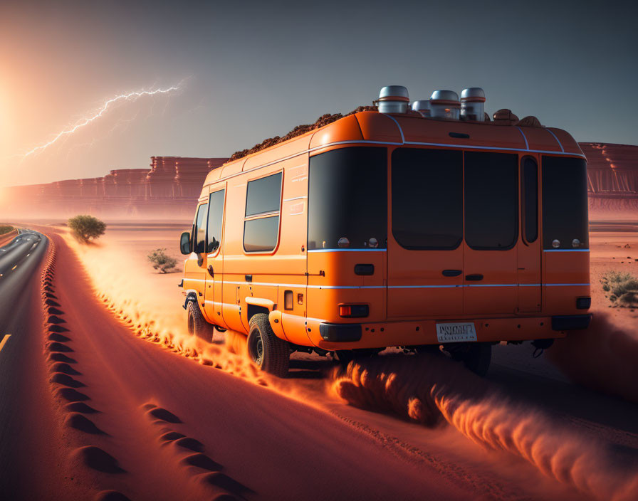 Orange RV driving through desert landscape at sunset with lightning in sky