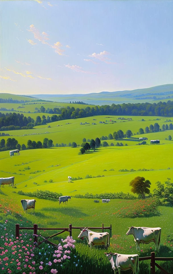 Vibrant pastoral landscape: cattle grazing, colorful flowers, rolling hills, blue sky.