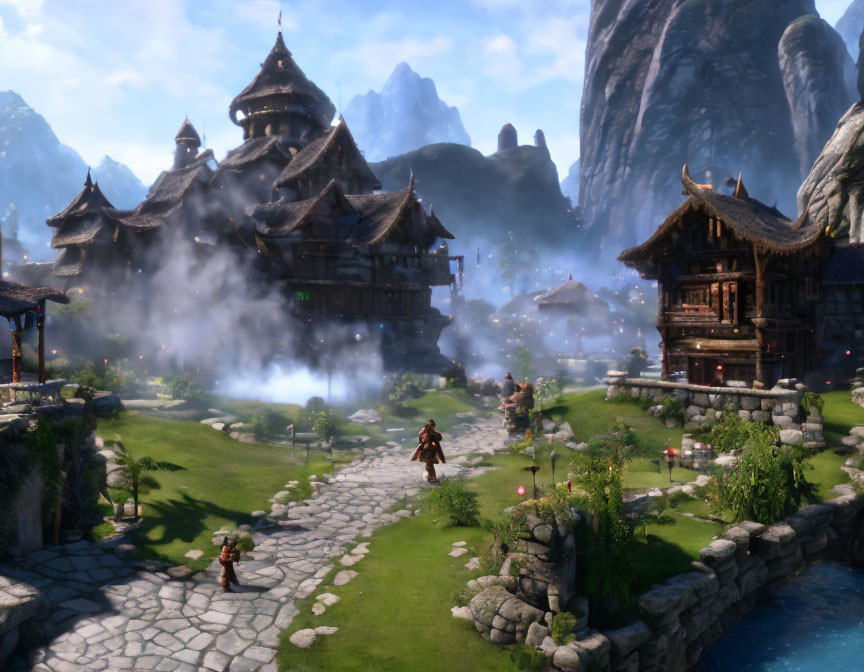 Traditional wooden houses in idyllic fantasy village surrounded by lush greenery and mountains under clear sky