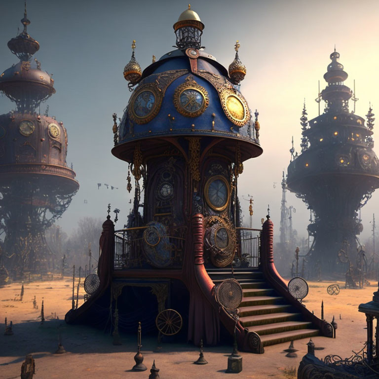 Steampunk scene: ornate clockwork towers in barren landscape