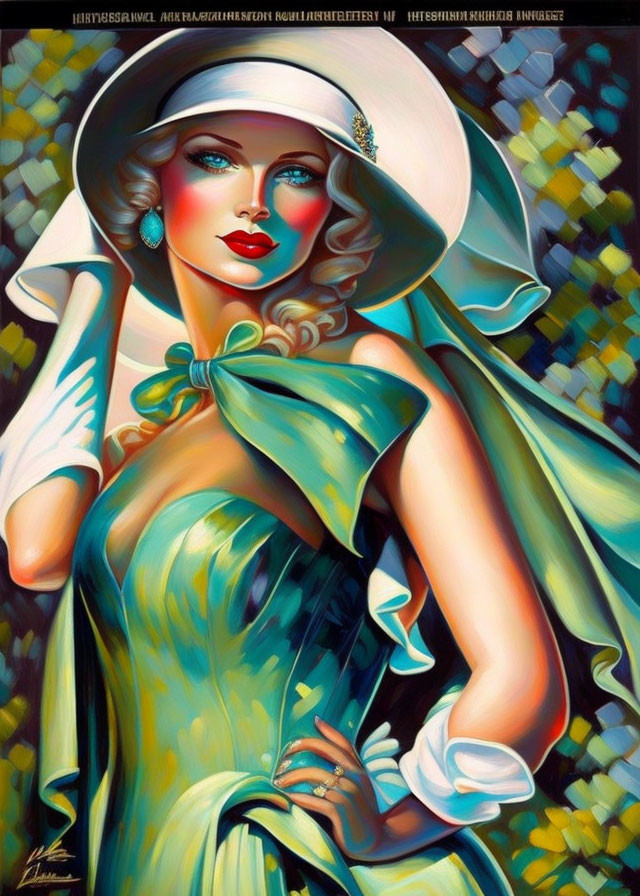 Vintage Glamour: Woman with Red Lips in Green Dress and White Hat