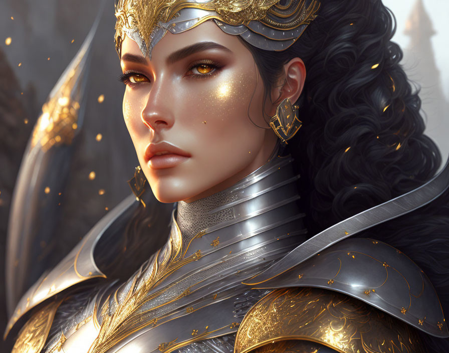 Regal woman in golden armor and crown with dark hair and confident gaze