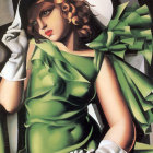 Vintage Glamour: Woman with Red Lips in Green Dress and White Hat