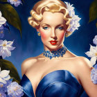 Blonde woman in blue gown with curly hair and necklace on floral background