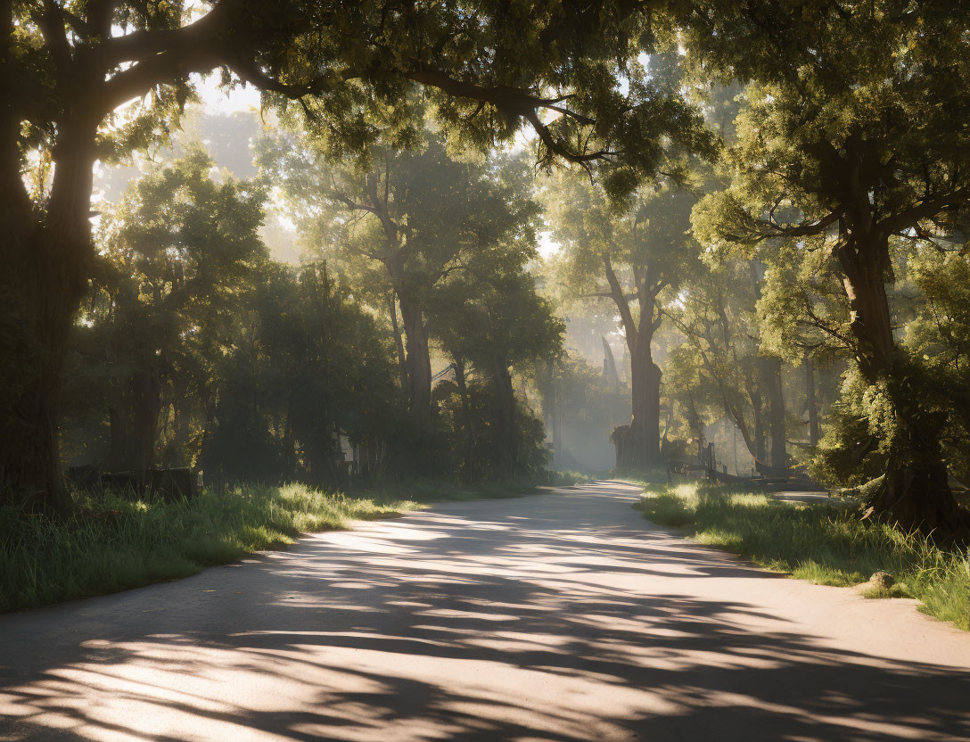 Tranquil road with towering trees and dappled sunlight