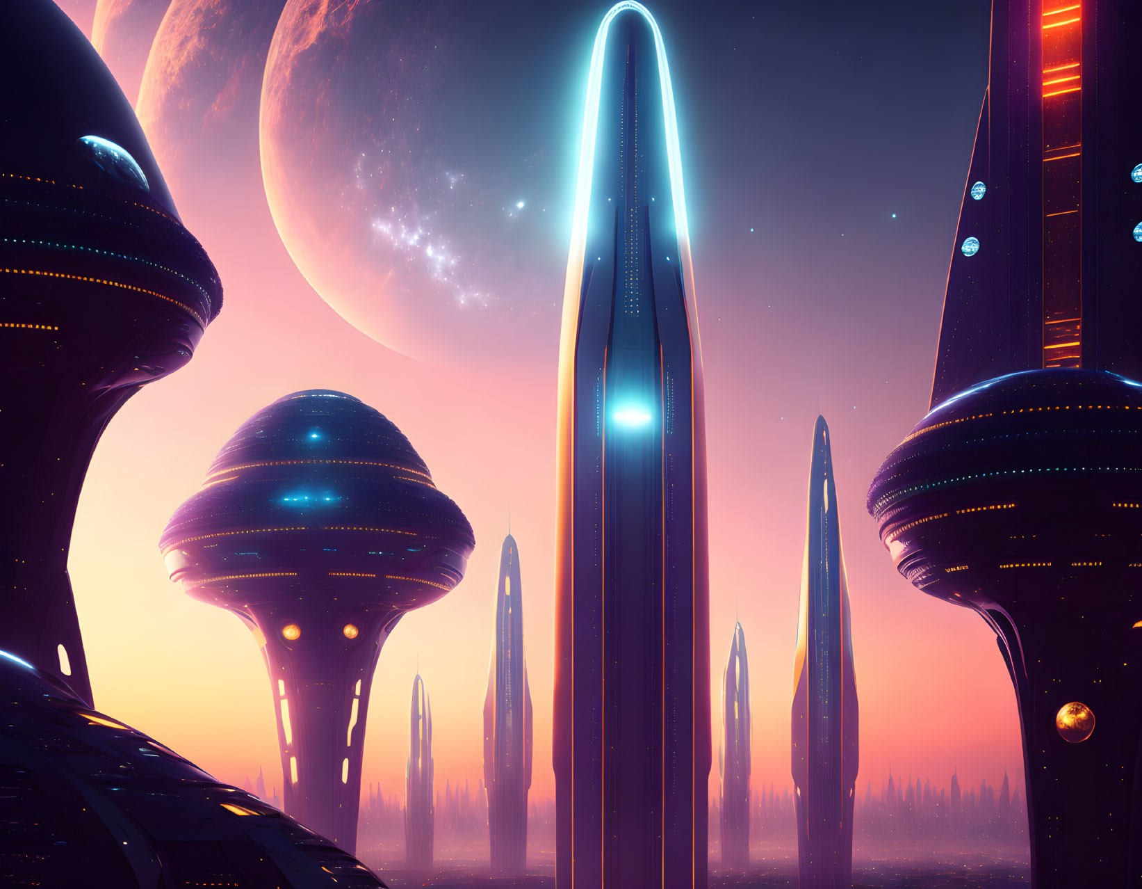 Futuristic cityscape with tall towers under purple sky