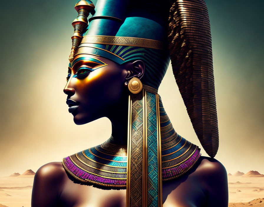 Stylized digital portrait with Egyptian headdress in golden and blue tones