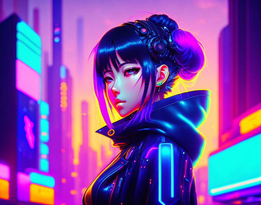 Female cyberpunk character with black hair and headphones in neon cityscape