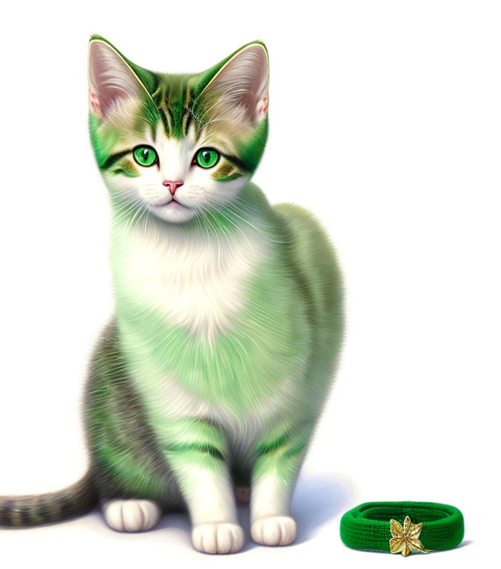 Digitally created cat image with green and white striped fur and green eyes wearing a small green hat.