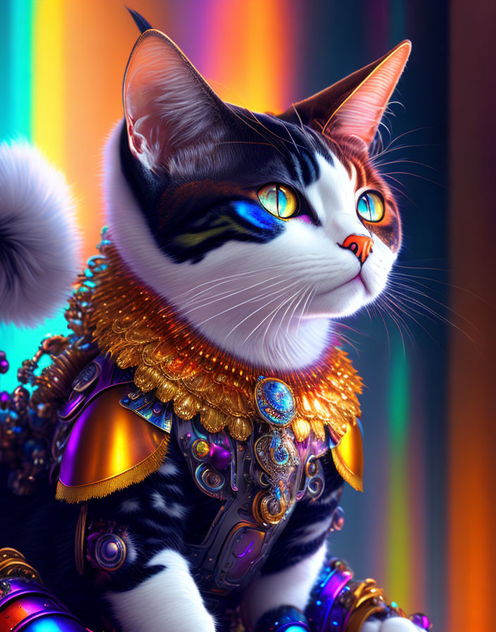 Regal cat in gold armor against colorful backdrop