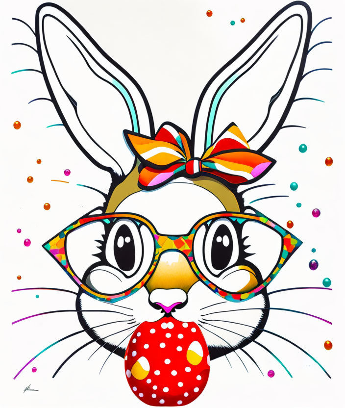 Whimsical rabbit illustration with patterned glasses and bow in colorful design