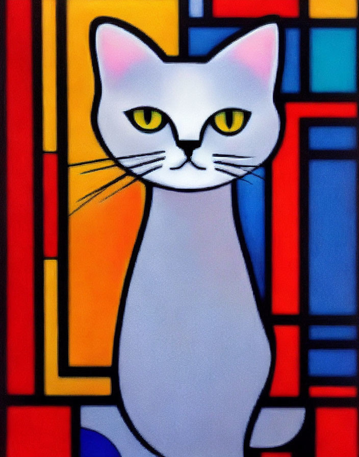 White Cat Painting with Yellow Eyes and Geometric Shapes in Bright Colors