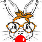 Whimsical rabbit illustration with patterned glasses and bow in colorful design