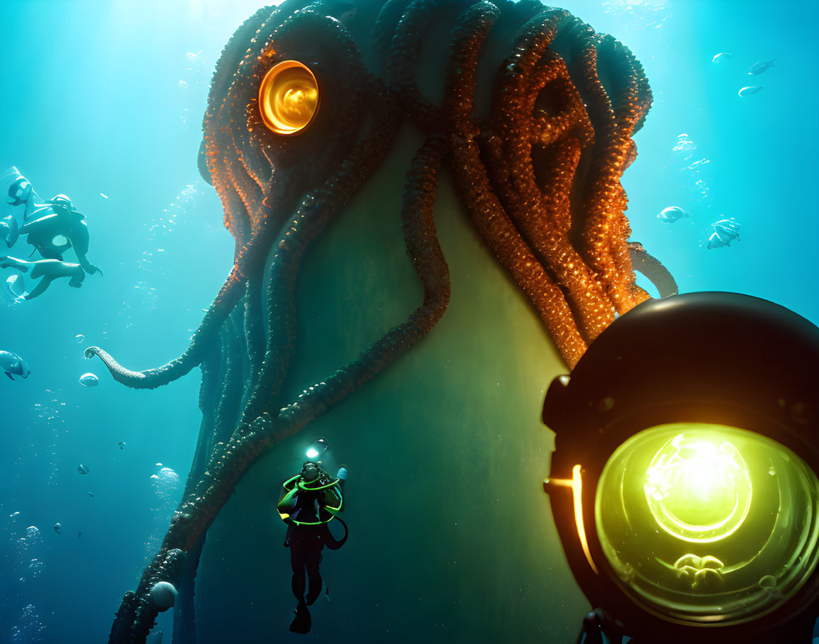 Underwater Diver Sees Giant Octopus Near Glowing Sphere