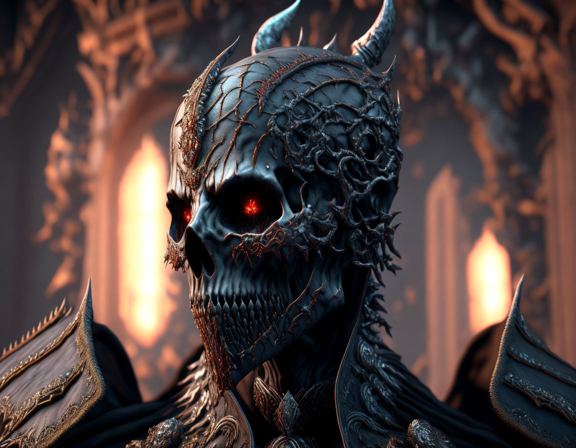 Detailed digital art: creature with skull-like face, red eyes, horns, ornate armor, against