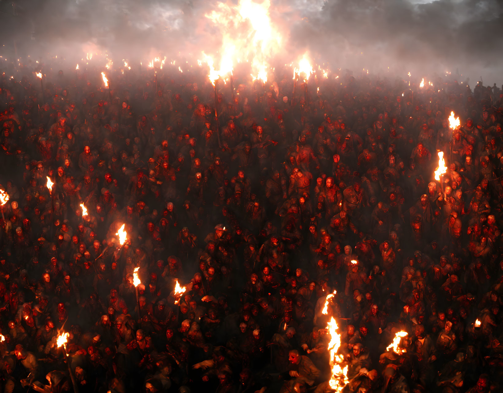 Crowd with torches under hazy, smoke-filled night sky