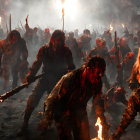 Crowd with torches under hazy, smoke-filled night sky