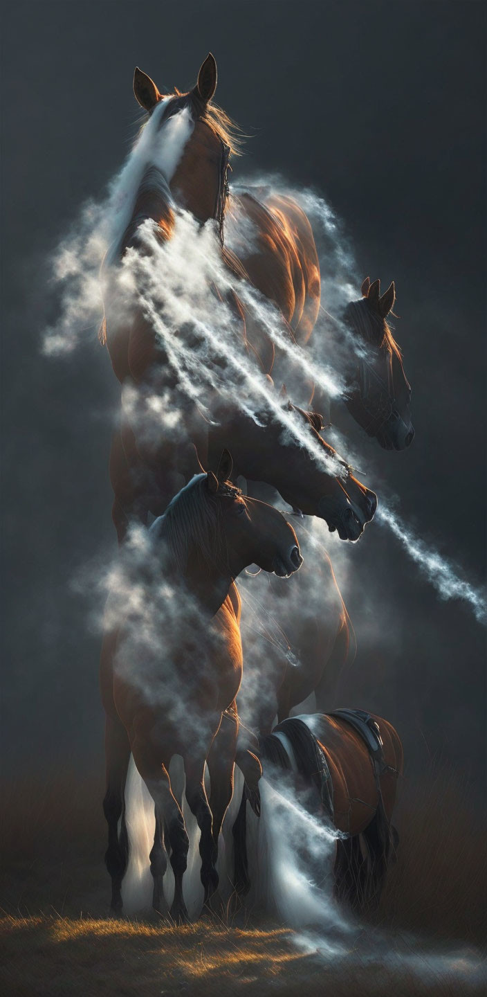 Three horses in swirling light against dark background