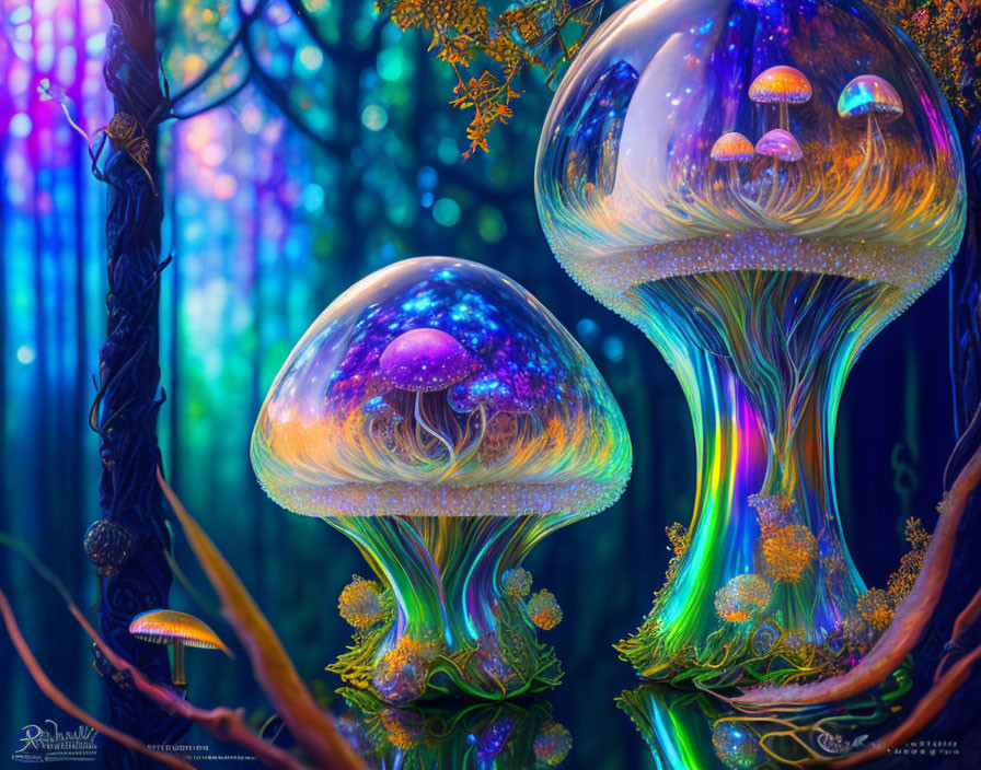 Colorful Digital Art: Luminous Mushrooms in Enchanting Forest