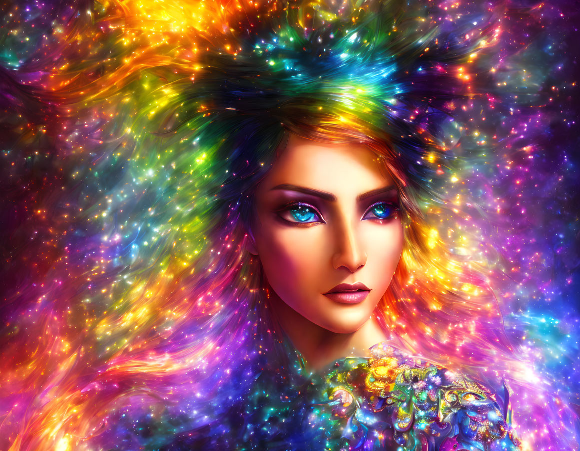 Colorful Digital Art: Woman with Cosmic, Star-Filled Rainbow Hair