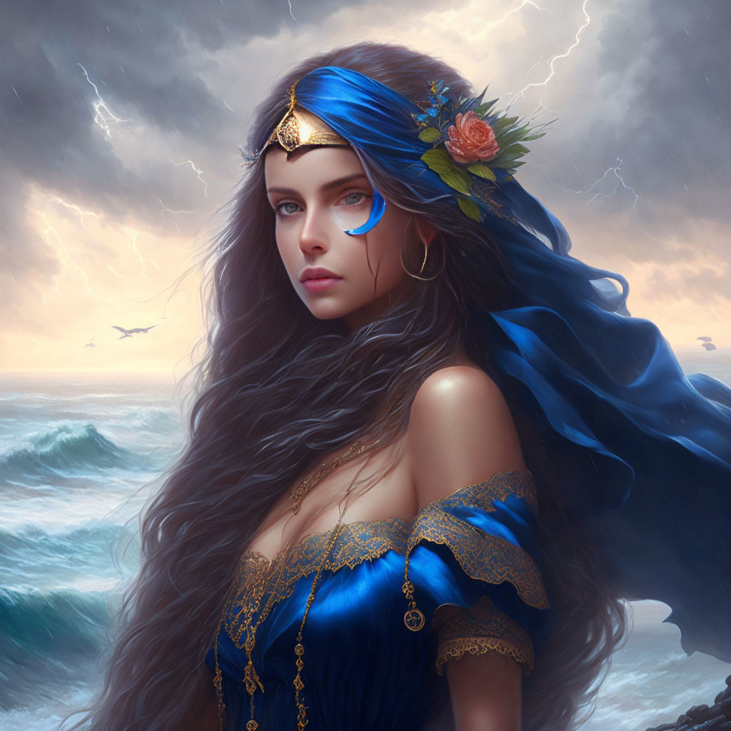 Blue-haired woman in gold tiara against stormy sea backdrop wearing intricate blue garments