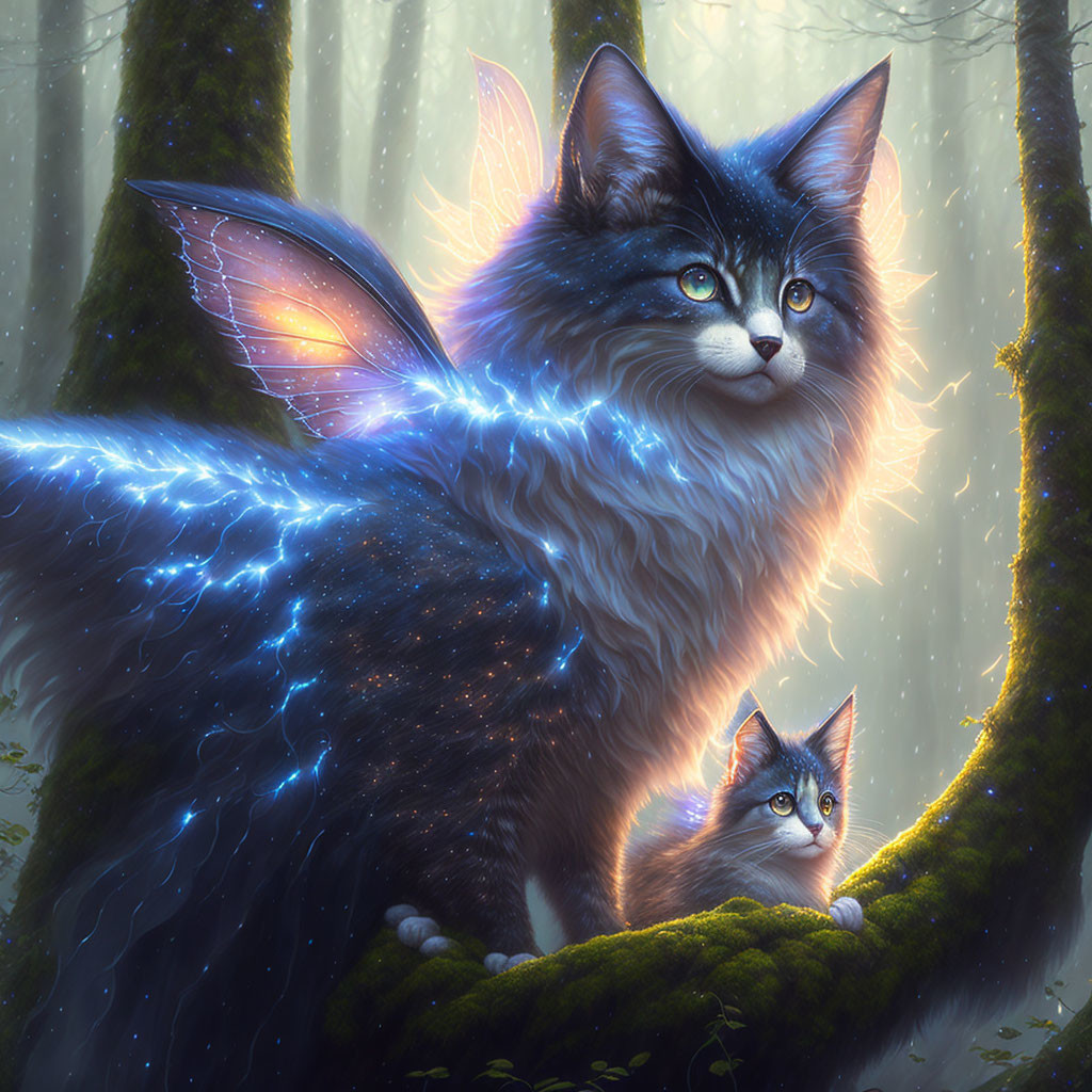 Ethereal cats with shimmering wings in mystical forest