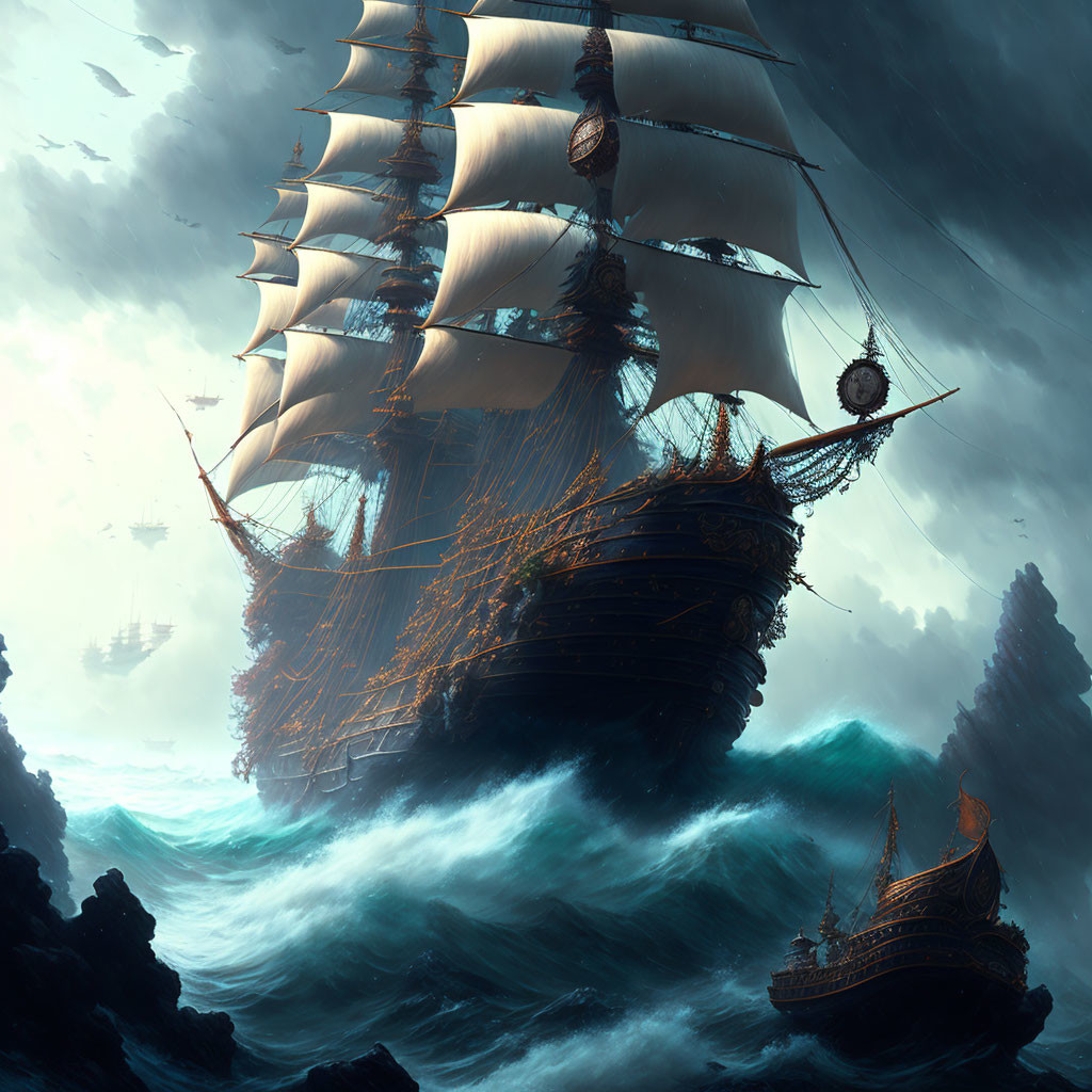 Majestic sailing ships navigating tumultuous seas and stormy skies