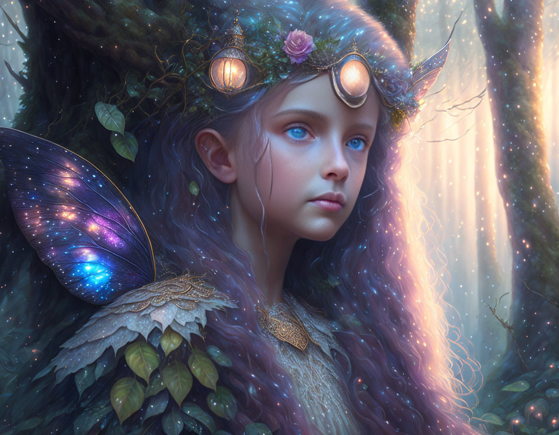 Enchanted forest fairy with butterfly wings and floral crown