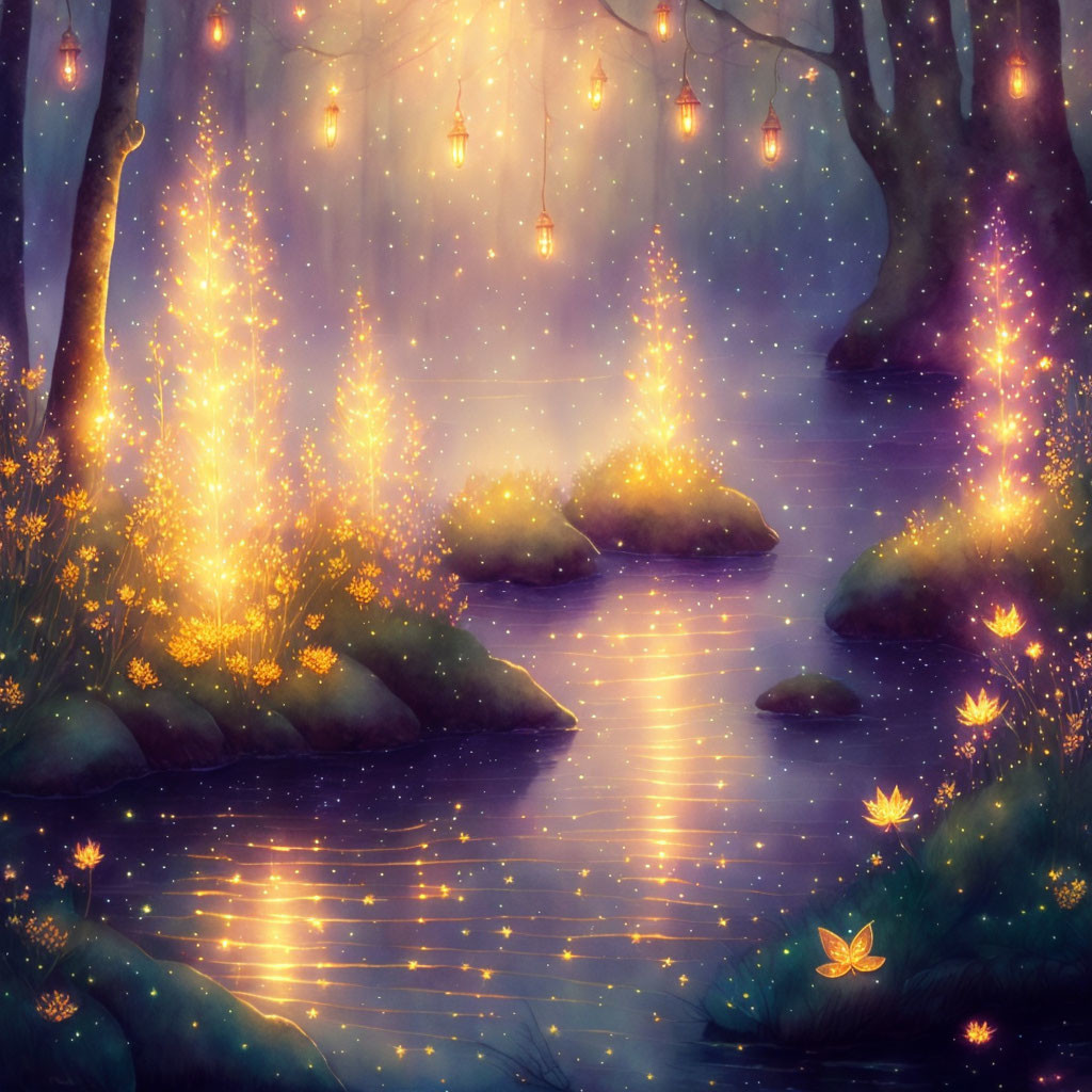 Enchanting forest scene at dusk with fireflies, lanterns, and tranquil stream