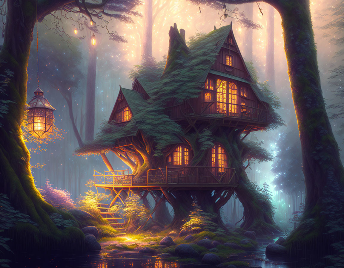 Whimsical treehouse in enchanted forest with glowing lanterns