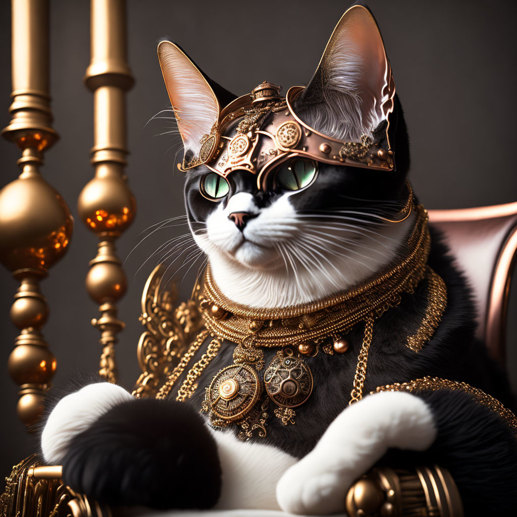 Regal black and white cat with steampunk-style accessories.