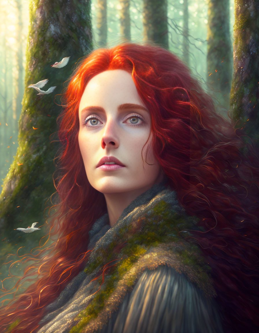 Vibrant red-haired woman in mystical forest with blue eyes and birds