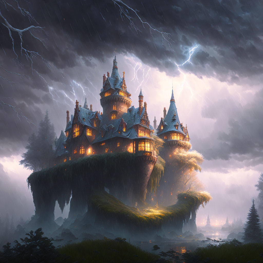 Enchanting castle on floating island in stormy sky