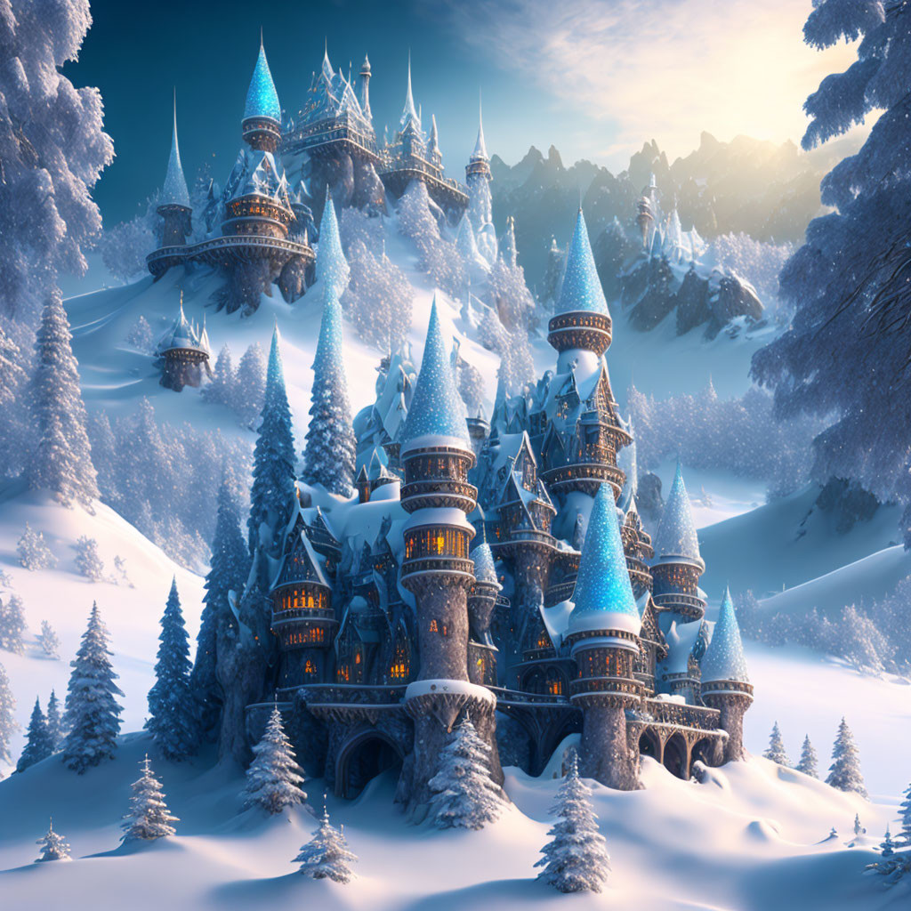 Majestic fantasy castle with blue roofs in snowy landscape