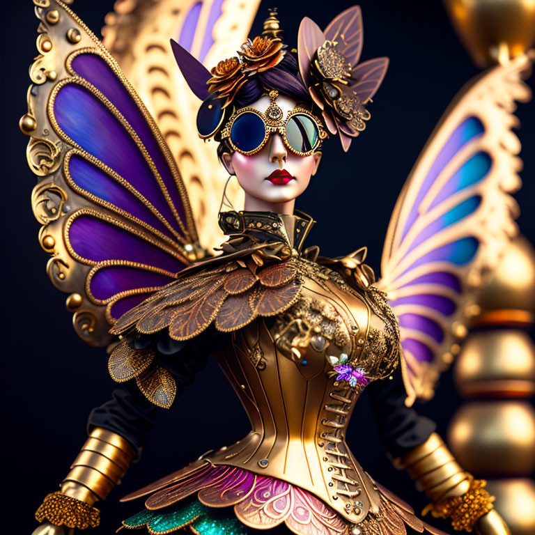 Steampunk female figure with mechanical butterfly wings and golden gear motifs