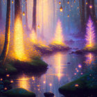 Enchanting forest scene at dusk with fireflies, lanterns, and tranquil stream