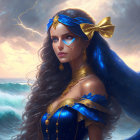 Blue-haired woman in gold tiara against stormy sea backdrop wearing intricate blue garments