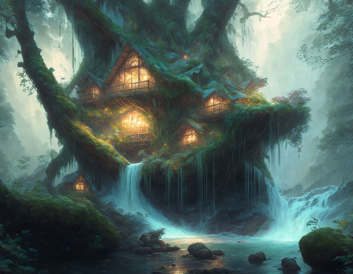 Enchanting Treehouse in Ancient Tree with Glowing Windows