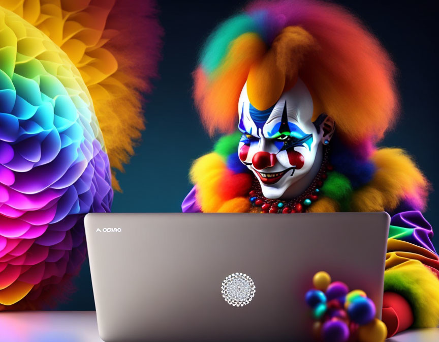 Vibrant 3D-rendered clown with rainbow wig on laptop in colorful setting