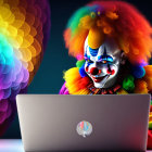 Vibrant 3D-rendered clown with rainbow wig on laptop in colorful setting